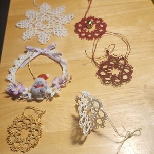 Handcrafted Lace and Yarn Ornament Lot Of 6